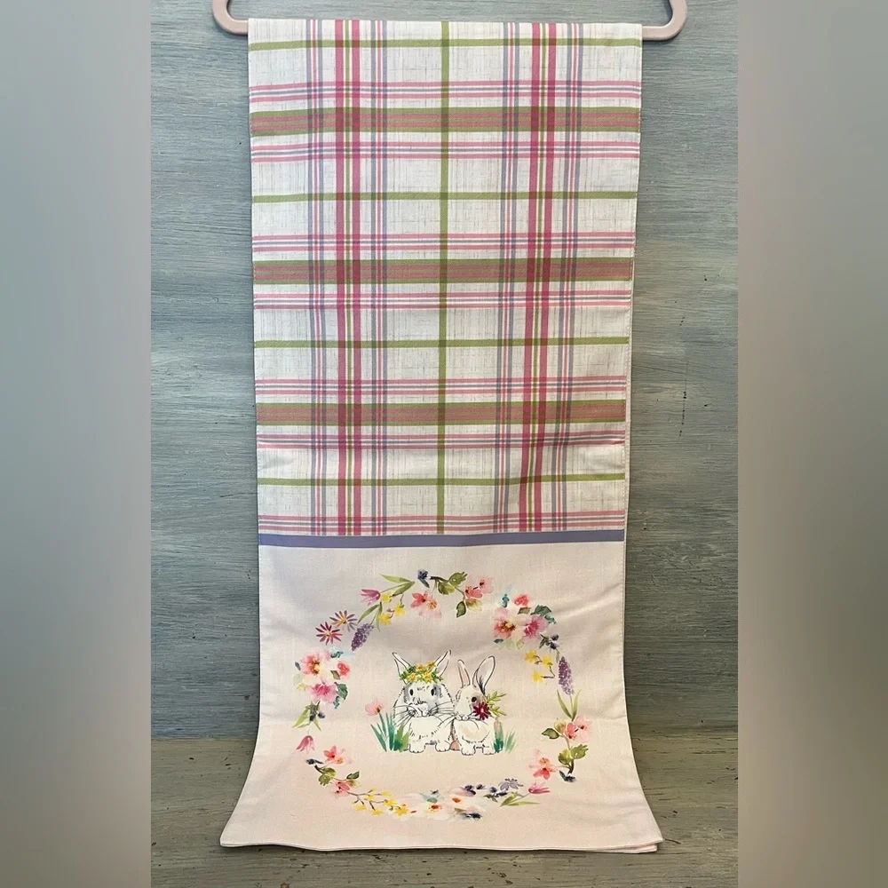 Linen Spring Easter Bunny Rabbit Flower‎ Table Runner Pink/Green Purple Plaid GC